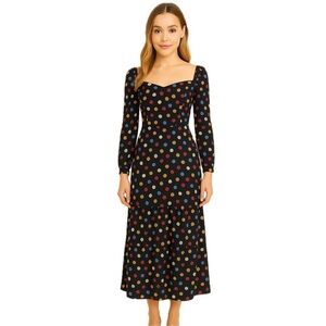 NWT RIHOS SWEETHEART NECKLINE POLKA DOT MIDI MAXI DRESS BLACK WHITE YELLOW LONG